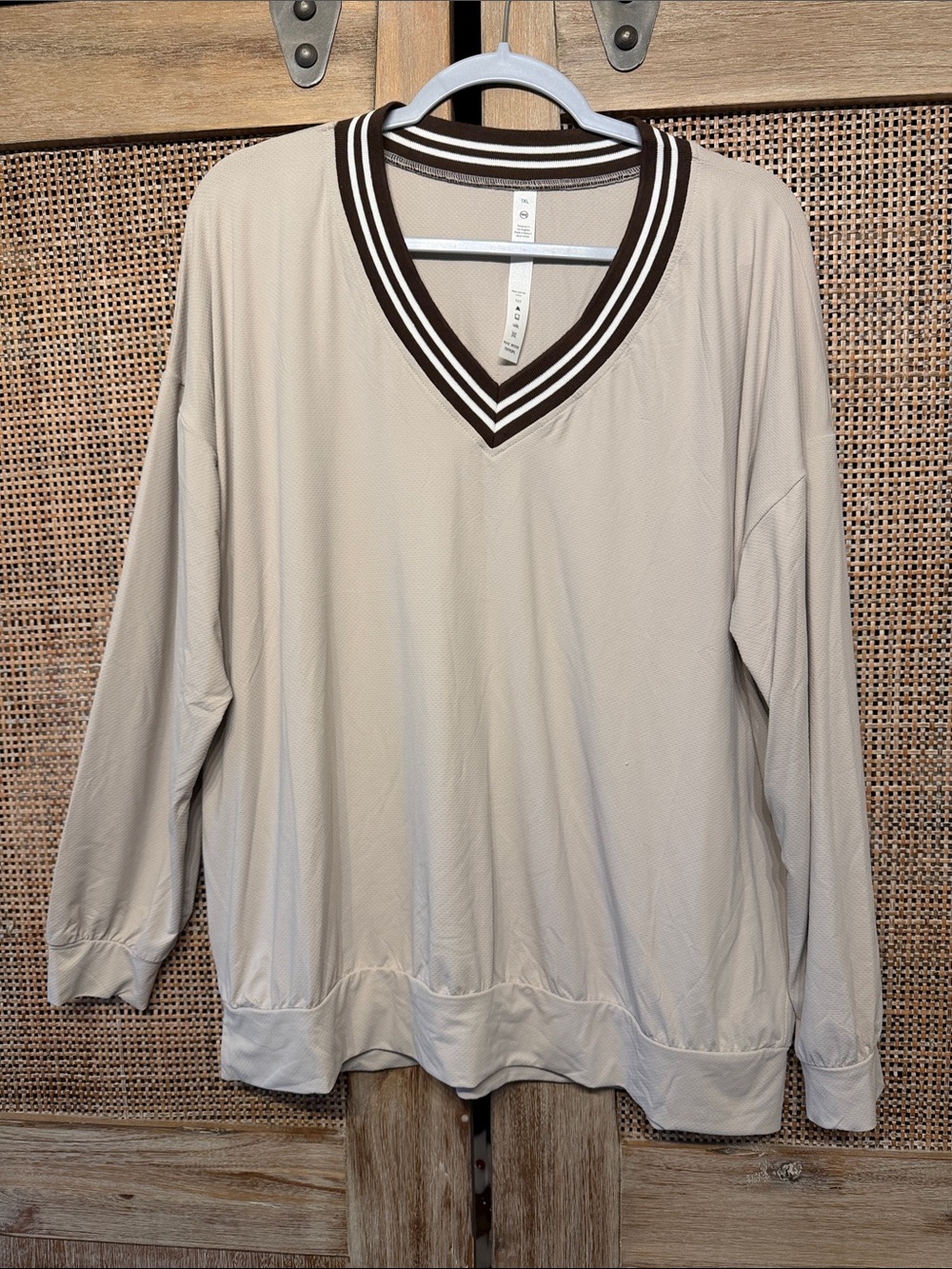 Rae Mode Beige V-Neck Pullover with Striped Collar